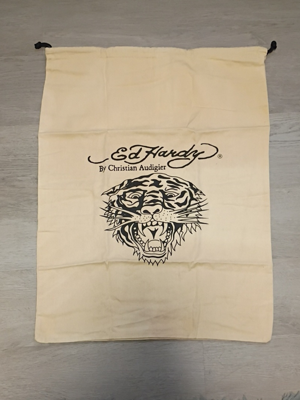 Ed Hardy Cream Drawstring Bag with Black Tiger Print